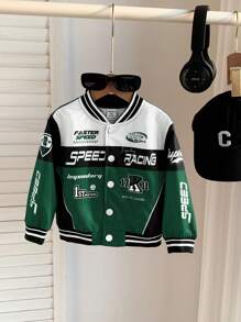 SHEIN Baby Boy Green And Black Color Block Casual Sports Streetwear Motorcycle Jacket, Suitable For Home, Outgoing And Sports, Spring/Autumn/Winter