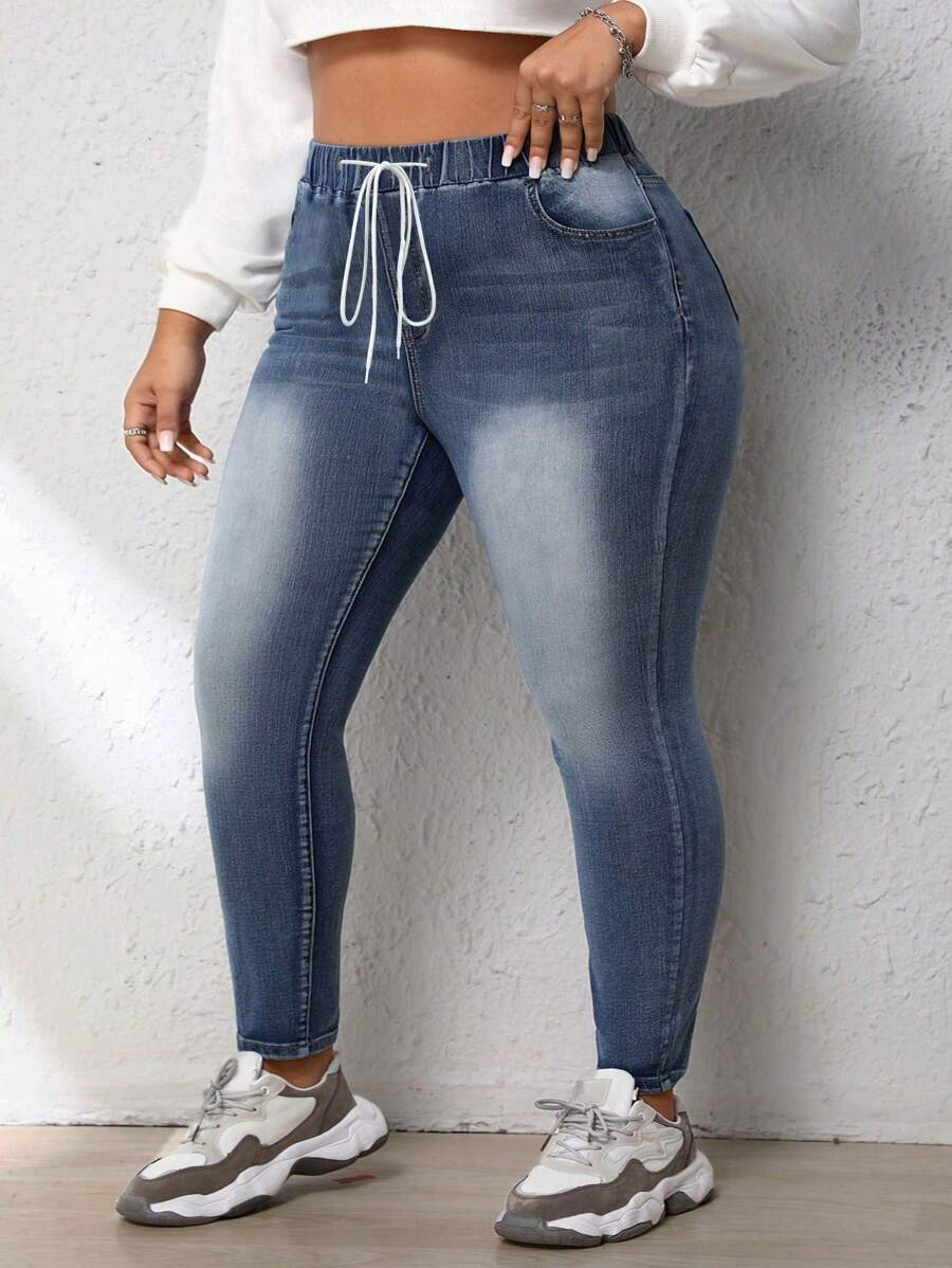 SHEIN CURVE+ Quần jean nữ có dây rút cỡ lớn eo thon có túi - Rửa tối - Xem 1