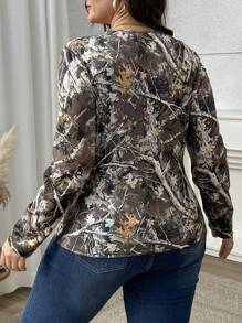 Calvaya 大码女式热带植物印花 V 领修身长袖 T 恤，秋冬图案 T 恤女式春季上衣