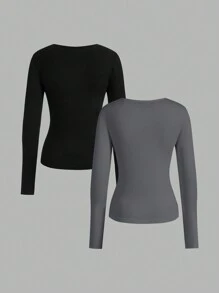 SHEIN EZwear 2 件女式深 V 领修身休闲基本款长袖 T 恤套装、套头衫，适合秋冬季 - 彩色 - 查看 2