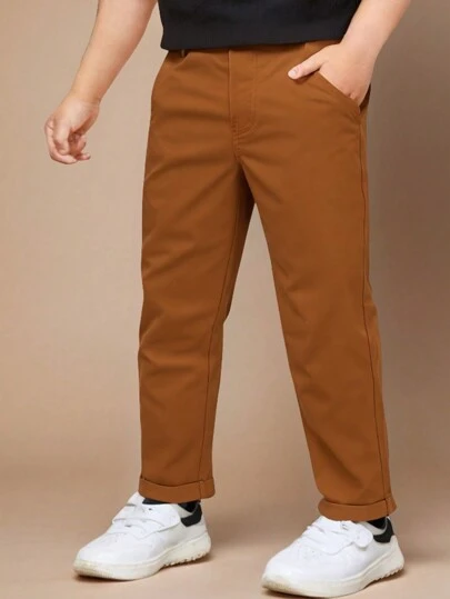 Souflis Souflis Ung pojke Casual enfärgade byxor, dekor med en knapp, snedställda fickor, elastisk midjedesign, lämplig för dagligt bruk, resor, fest och mångsidig modestyling