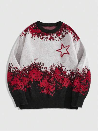 Street Life Jersey informal para hombre con bloqueo de color y estampado de estrella, apto para el invierno, adecuado para el Día de San Valentín