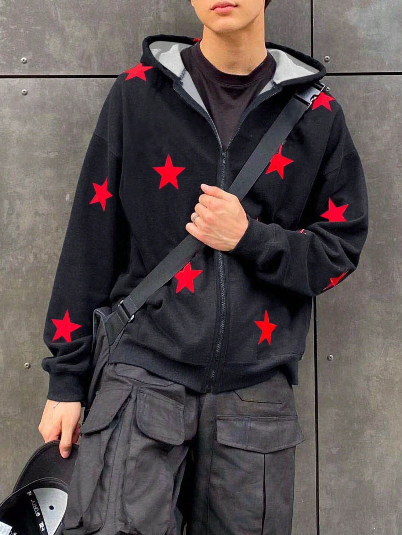 Men's Zip Up Long Sleeve Hoodie With Pentagram Detail, Casual Minimalist Design