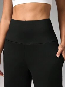 Easithlete Pantalones deportivos casuales de cintura alta con bolsillo de color liso para uso diario de mujer - Negro - Ver 5