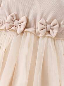 Baby Girl Elegant Adorable Simple Fashion Versatile Comfortable Soft Knit Contrast Mesh, Ruffle Collar Bow Decor Solid Color Apricot Long Sleeve Dress, Suitable For Autumn/Winter/Spring Casual Wear, Outdoor Play, Birthday Party