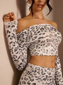 Glamine 2pcs/Set Women Off-Shoulder Long Sleeve Leopard Print Blouse And Skirt Set, Off Shoulder Tops, Skirt Set