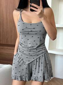 DAZY Bộ đồ ngủ Pijama in họa tiết toàn thân không đối xứng vừa vặn & viền xếp nếp quần short rộng rãi - Xám - Xem 1