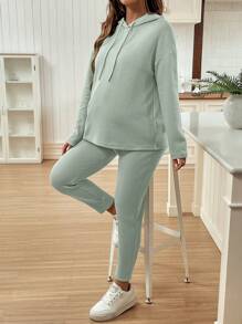 SHEIN Bộ 2 món cho bà bầu: Áo hoodie màu trơn, áo nỉ và quần bó có thể điều chỉnh eo - màu xanh lá - Xem 5