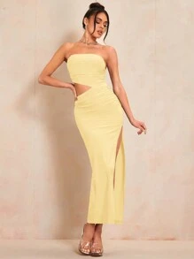 SHEIN BAE Women Solid Color Bandeau Side Cut-Out Ruched Slit Hem Fashion Dress - Yellow - View 4