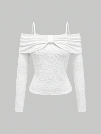 Kawaii Damen T-Shirt mit abstrakter Schleife und kontrastierendem Spitzendetail