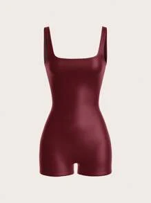 SHEIN EZwear Women's New Stretch Leather Jumpsuit - Burgundy - View 1