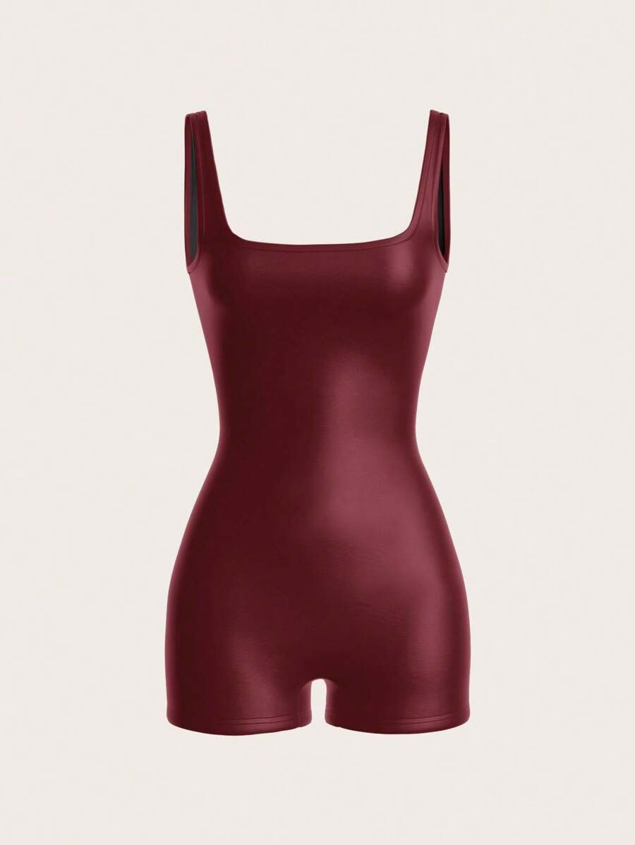 SHEIN EZwear Women's New Stretch Leather Jumpsuit - Burgundy - View 1