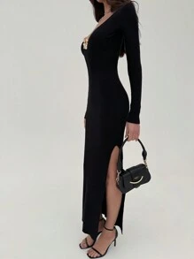 Aloruh 深 V 领性感金属扣装饰修身长款针织黑色毛衣连衣裙，温暖的冬季派对连衣裙
