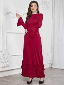 Modelyn Women's Bell Sleeve Ruffle Trim Fitted Dress Long Evening Dresses - Red - View 6