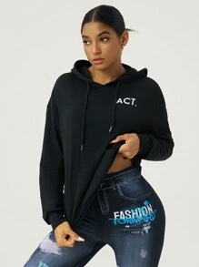 Easithlete Women Letter Print Casual Hoodie Long Sleeve Sweatshirt