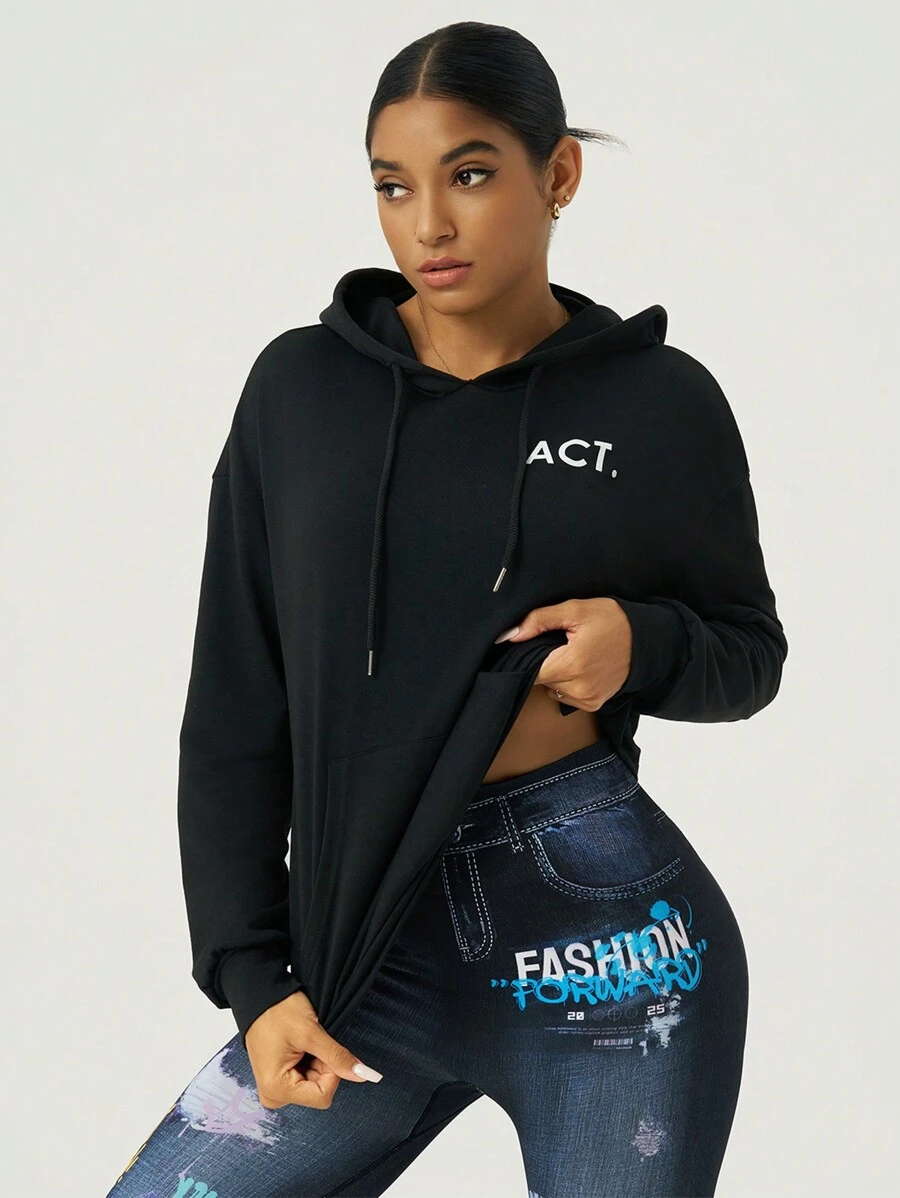 Easithlete Women Letter Print Casual Hoodie Long Sleeve Sweatshirt