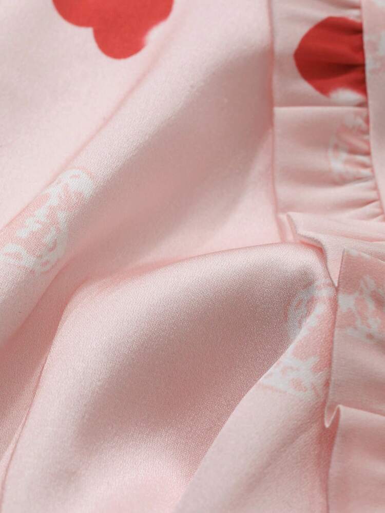 Heart Allover Print Ruffle Trim Self-Tie Waist Robe Pajama