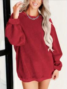 INAWLY Women's Basic Oversized Crew Neck Long Sleeve Sweatshirt, Minimalist Style In Blue Corduroy Fabric, Autumn/Winter