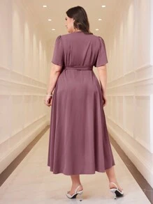 Modelyn Đầm tay ngắn họa tiết hoa cánh hoa quấn thắt nút màu trơn cỡ lớn cho nữ - Bụi hồng - Xem 2