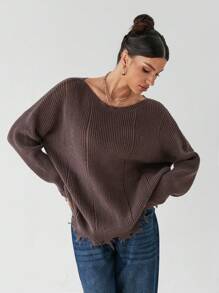 SHEIN Tall Women's Round Neck Pullover Tattered Hem Loose Sweater Knitted Top - Brown - View 3