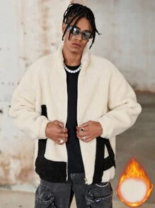 Manfinity Streetrush Chaqueta de manga larga con cremallera frontal, detalle gráfico con letras y empalme de color liso para hombres