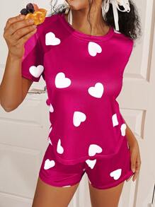 Heart Print Tee & Shorts PJ Set / Pajama Set - Rose Red - View 6
