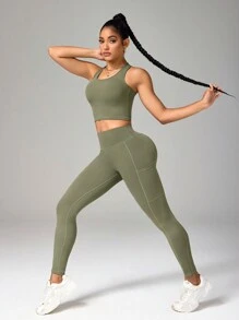 Easithlete Women Solid Color Sleeveless Minimalist Top And Pants Sports Suit Workout Women Set Women Workout Set Women Leggings Set - Army Green - View 6