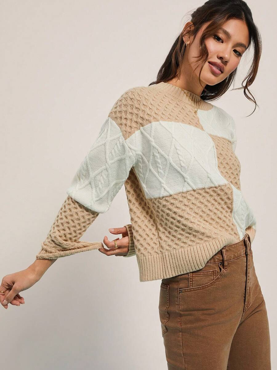 WESTFADE Spring Two Tone Colorblock Patchwork Mixed Stitch Cable Knit Crewneck Long Sleeve Sweater - Multicolor - View 1