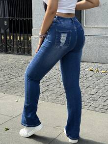 Women Pocket Distressed Patched Denim Flare Pants - Dark Wash - View 2