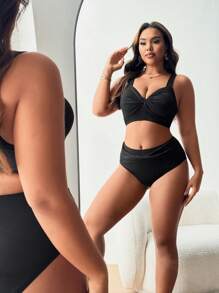 SHEIN Swim Curve Plus Size Women Twist Design Backless Bikini Top Summer - Black - View 4