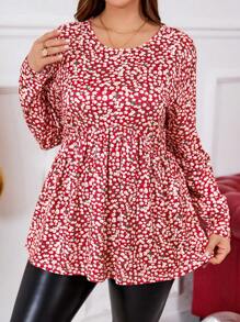 EMERY ROSE Tee-shirt manches longues à volants à imprimé floral fantaisie pour grande taille, vêtements pour le Nouvel An, vêtements pour soirée, vêtements pour la Saint-Valentin