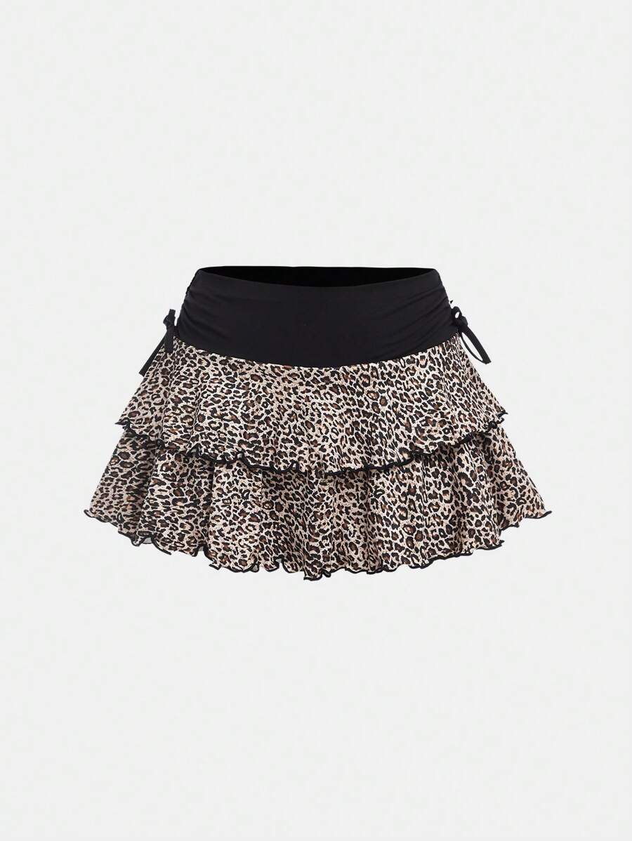 SHEIN Girlism Tween Girls Casual Minimalist Comfortable Mid-Waist Colorblock Leopard Print Patchwork Skirt - Black and White - View 1