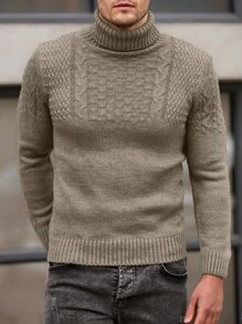 EURMUSE Solid Color High Neck Cable Knit Casual Pullover Sweater - Camel - View 3
