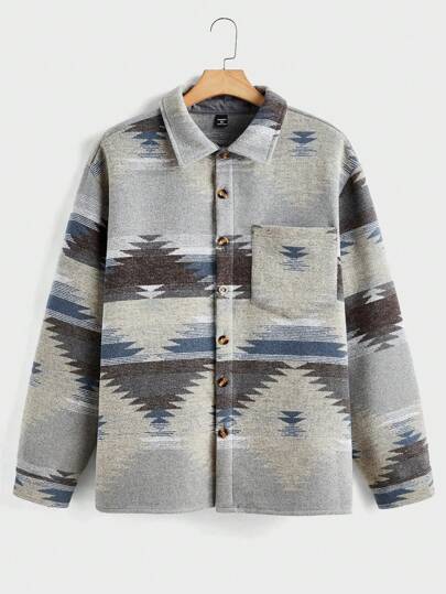 Manfinity Homme Plus Size Men Geometric Pattern Lapel Button Down Long Sleeve Shacket, Fall