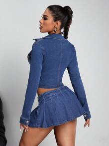 SHEIN ICON Women's Front Zip Up Long Sleeve Pocket Casual Denim Top - Blue - View 2