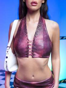 FREAK CITY Designer Women's Tie-Dye PU Halter Neck Lace-Up Crop Sexy Top, For Going Out, Vacation, Spring, Beach, Festival, Ibiza Fits