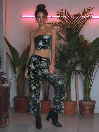 FREAK CITY Designer Women Silver Foil Allover Printed Grey Wide Leg Retro Street Going Out Pants, Spring, Festival