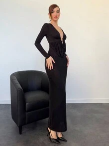 Aloruh Vestido largo casual de manga larga y ajuste delgado de unicolor para mujer - Negro - Ver 4