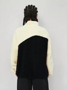 SHEIN EZwear Women's Fall/Winter Basic Date Night Sherpa Fleece Color-Blocked Coat - Beige - View 2