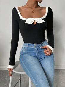 Chiquease Suéter feminino minimalista de malha com blocos de cores e corte slim para outono e inverno. - Multicolorido - Ver 6