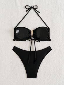 SHEIN Swim مجموعة من 2 قطعة، سترة علوية بحمالات رفيعة وظهر مكشوف بلون واحد، وسروال سباحة قصير بخصر عالي بلون واحد، بيكيني صيفي - الأسود - مشاهدة 6