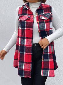 Calvaya Plus Plaid Print Flap Detail Sleeveless Coat For New Year Clothes, For Winter Fall Autumn - Red - View 6