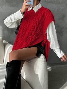 EURMUSE Women's Casual Solid Color Loose Knitted Sweater Vest For Spring And Autumn - Burgundy - View 5