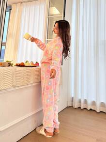 SHEIN Leap Crew Teen Girl Minimalist Pattern Crew Neck Long Sleeve & Pants Soft Comfortable Flannel Pajama Set, 2 Pcs, Autumn/Winter