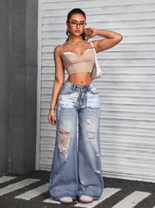 SHEIN ICON Women's Fashionable Distressed Wide Leg Washed Denim Jeans - Blue - View 5