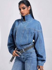 Jeanoix 女式前扣长袖简约牛仔夹克，休闲日常穿着 - 藍色 - 查看 1