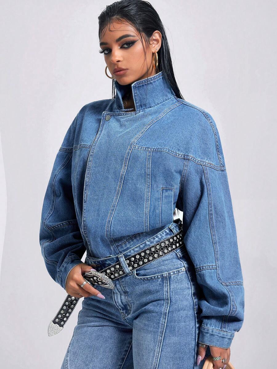 Jeanoix 女式前扣长袖简约牛仔夹克，休闲日常穿着 - 藍色 - 查看 1