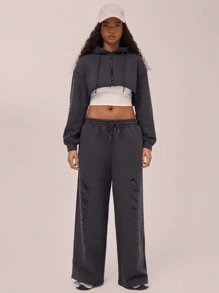 Musera Sport Raw Hem Slogan Wide Leg Sweatpants Vacation Spring