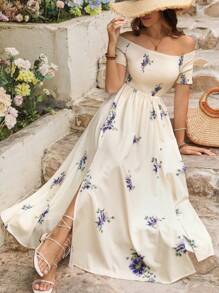 SHEIN VCAY 女士露肩高开叉 A 字形印花浪漫夏季度假连衣裙 - 彩色 - 查看 2
