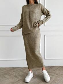 EURMUSE Sweater And Midi Skirt With Front Seam Detail - Light Grey - View 5